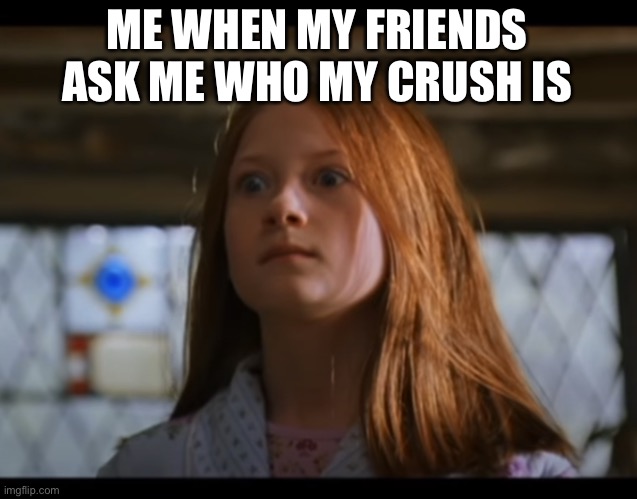 Ginny | ME WHEN MY FRIENDS ASK ME WHO MY CRUSH IS | image tagged in harry potter omg face | made w/ Imgflip meme maker