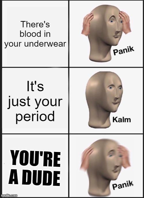 Blood | There's blood in your underwear; It's just your period; YOU'RE A DUDE | image tagged in memes,panik kalm panik,girl humor | made w/ Imgflip meme maker