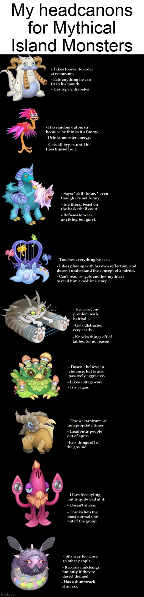 My headcanons for Mythical Island Monsters | image tagged in my singing monsters,mythical island,msm,nostalgia,mythicals,year of the mythical | made w/ Imgflip meme maker