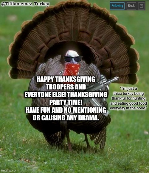 Thanksgiving party time (no drama) | HAPPY THANKSGIVING TROOPERS AND EVERYONE ELSE! THANKSGIVING PARTY TIME!
HAVE FUN AND NO MENTIONING OR CAUSING ANY DRAMA. | image tagged in tifflamemez_turkey announcement template,troopers,trooper,thanksgiving,party,happy thanksgiving | made w/ Imgflip meme maker