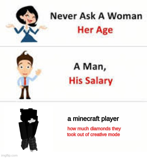 Never ask a woman her age | a minecraft player; how much diamonds they took out of creative mode | image tagged in never ask a woman her age | made w/ Imgflip meme maker
