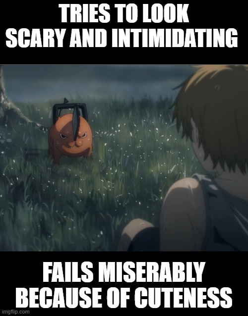 Terrifying chainsaw devil | TRIES TO LOOK SCARY AND INTIMIDATING; FAILS MISERABLY BECAUSE OF CUTENESS | image tagged in pochita,chainsaw man,anime | made w/ Imgflip meme maker