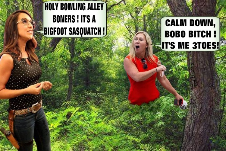 image tagged in bigfoot,sasquatch,lauren boebert,marjorie taylore greene,qanon crazies,clown car republicans | made w/ Imgflip meme maker