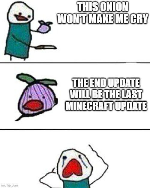 this onion won't make me cry | THIS ONION WON'T MAKE ME CRY; THE END UPDATE WILL BE THE LAST MINECRAFT UPDATE | image tagged in this onion won't make me cry,minecraft memes | made w/ Imgflip meme maker