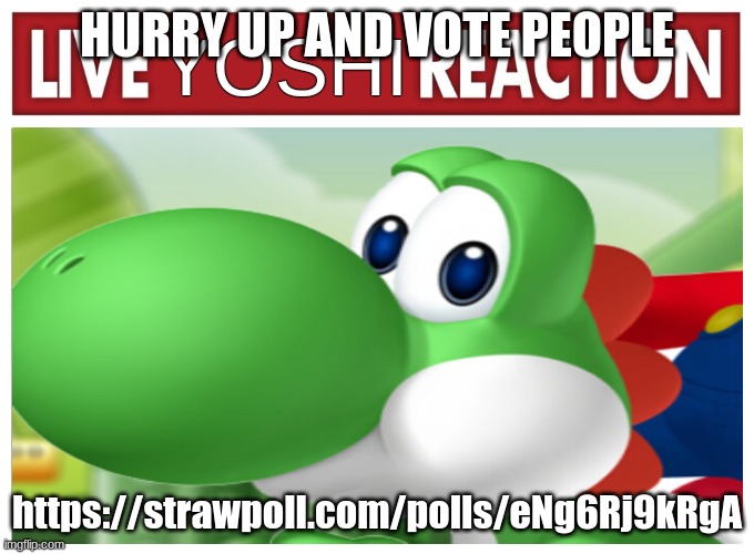 https://strawpoll.com/polls/eNg6Rj9kRgA | HURRY UP AND VOTE PEOPLE; https://strawpoll.com/polls/eNg6Rj9kRgA | image tagged in live yoshi reaction | made w/ Imgflip meme maker