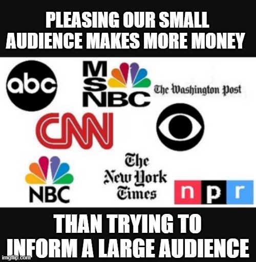 Media lies | PLEASING OUR SMALL AUDIENCE MAKES MORE MONEY; THAN TRYING TO INFORM A LARGE AUDIENCE | image tagged in media lies | made w/ Imgflip meme maker