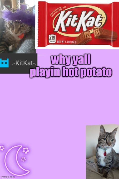Kittys announcement template kitkat addition | why yall playin hot potato | image tagged in kittys announcement template kitkat addition | made w/ Imgflip meme maker