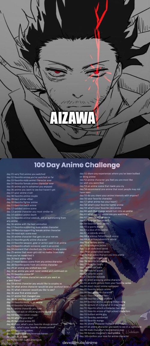 Eraserhead is my fav character | AIZAWA | image tagged in 100 day anime challenge | made w/ Imgflip meme maker