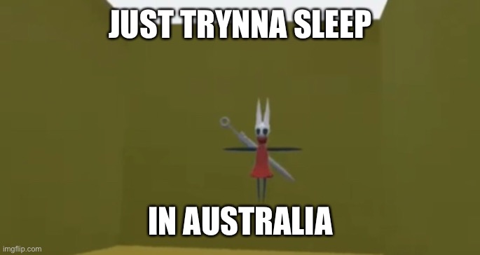 Trynna sleep in Australia | JUST TRYNNA SLEEP; IN AUSTRALIA | image tagged in hollow knight | made w/ Imgflip meme maker