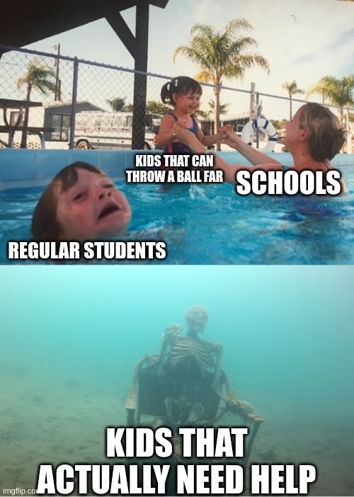 Swimming Pool Kids | KIDS THAT CAN THROW A BALL FAR; SCHOOLS; REGULAR STUDENTS; KIDS THAT ACTUALLY NEED HELP | image tagged in swimming pool kids | made w/ Imgflip meme maker