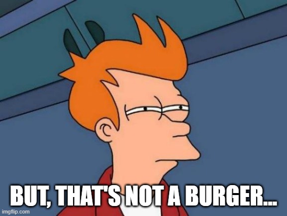 Futurama Fry Meme | BUT, THAT'S NOT A BURGER... | image tagged in memes,futurama fry | made w/ Imgflip meme maker