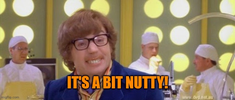 Austin Powers It's a bit nutty | IT'S A BIT NUTTY! | image tagged in austin powers it's a bit nutty | made w/ Imgflip meme maker