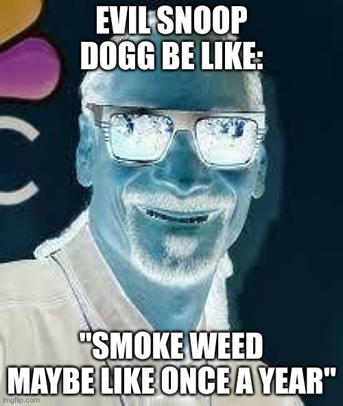 the funny | EVIL SNOOP DOGG BE LIKE:; "SMOKE WEED MAYBE LIKE ONCE A YEAR" | image tagged in evil x be like | made w/ Imgflip meme maker