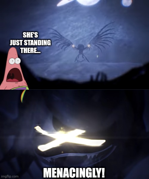 Help Patrick | SHE'S JUST STANDING THERE... MENACINGLY! | image tagged in v standing there menacingly,spongebob,spongebob squarepants,murder drones,crossover | made w/ Imgflip meme maker