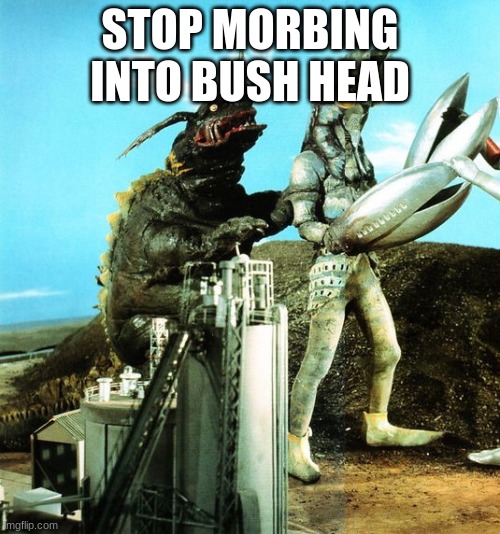 neronga and alien baltan being goober pals | STOP MORBING INTO BUSH HEAD | image tagged in neronga and alien baltan being goober pals | made w/ Imgflip meme maker