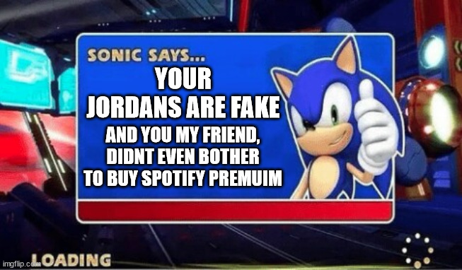 Sonic Says | YOUR JORDANS ARE FAKE; AND YOU MY FRIEND, DIDNT EVEN BOTHER TO BUY SPOTIFY PREMUIM | image tagged in sonic says | made w/ Imgflip meme maker