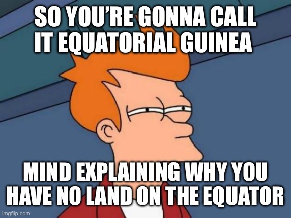 Futurama Fry Meme | SO YOU’RE GONNA CALL IT EQUATORIAL GUINEA; MIND EXPLAINING WHY YOU HAVE NO LAND ON THE EQUATOR | image tagged in memes,futurama fry | made w/ Imgflip meme maker