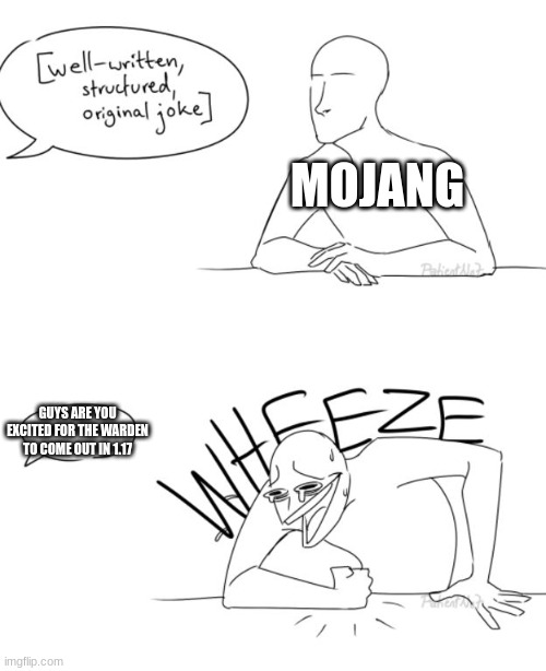 Wheeze | MOJANG; GUYS ARE YOU EXCITED FOR THE WARDEN TO COME OUT IN 1.17 | image tagged in wheeze | made w/ Imgflip meme maker