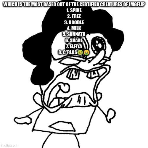 bush head crying/screaming | WHICH IS THE MOST BASED OUT OF THE CERTIFIED CREATURES OF IMGFLIP
1. SPIKE
2. TREZ
3. DOODLE
4. MILK
5. SUNNATH
6. SHADE
7. ELFIYA
8. C*RLOS🤢🤮 | image tagged in bush head crying/screaming | made w/ Imgflip meme maker