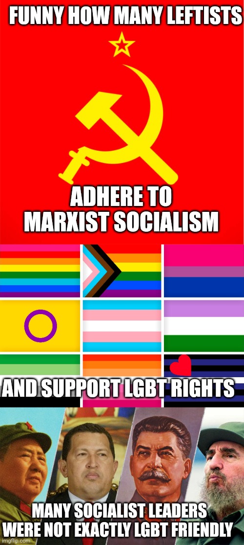 A reminder that despite being economically far-left, the leaders of socialist nations were very anti-lgbt | FUNNY HOW MANY LEFTISTS; ADHERE TO MARXIST SOCIALISM; AND SUPPORT LGBT RIGHTS; MANY SOCIALIST LEADERS WERE NOT EXACTLY LGBT FRIENDLY | image tagged in communism,socialism,marxism,lgbtq,homophobia,regressive left | made w/ Imgflip meme maker