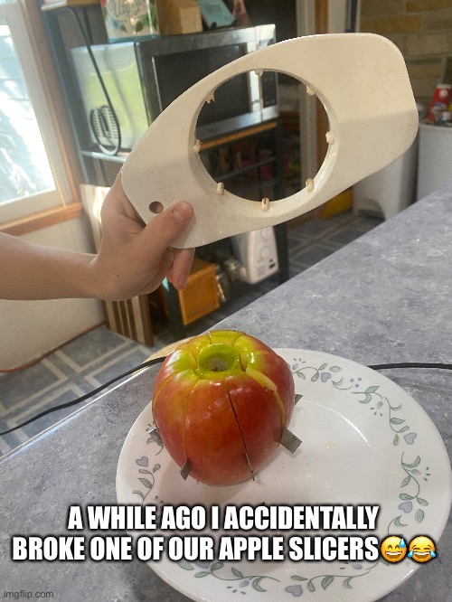 A WHILE AGO I ACCIDENTALLY BROKE ONE OF OUR APPLE SLICERS😅😂 | made w/ Imgflip meme maker