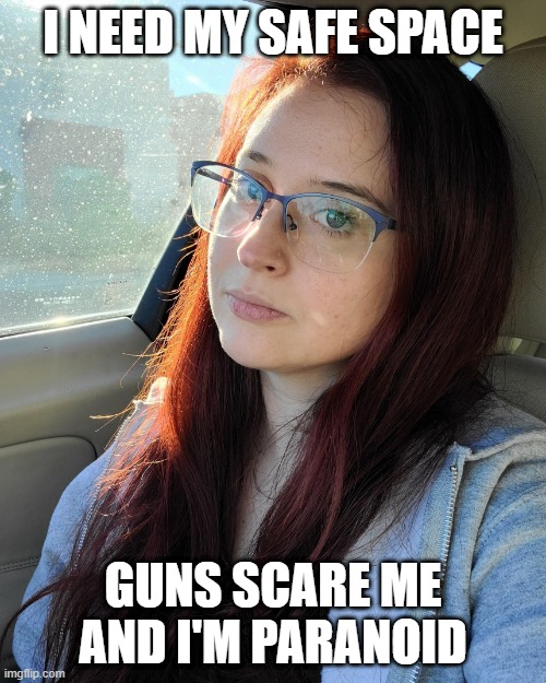 Psycho Bitch | I NEED MY SAFE SPACE; GUNS SCARE ME AND I'M PARANOID | image tagged in psycho bitch | made w/ Imgflip meme maker