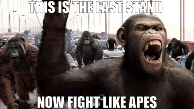 WE HAVE THE ADVANTAGE THE TIME IS NOW! | THIS IS THE LAST STAND; NOW FIGHT LIKE APES | image tagged in planet of the apes,meme | made w/ Imgflip meme maker