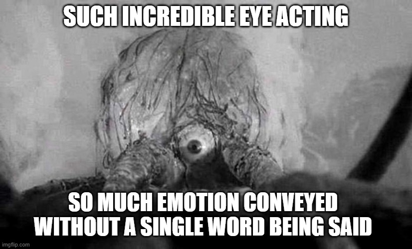 Eye acting | SUCH INCREDIBLE EYE ACTING; SO MUCH EMOTION CONVEYED WITHOUT A SINGLE WORD BEING SAID | image tagged in eye acting,giant eye | made w/ Imgflip meme maker