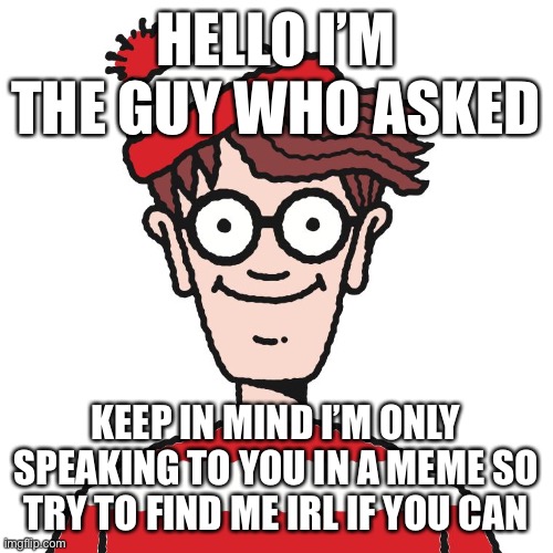 Ok maybe I’m getting used to this ? | HELLO I’M THE GUY WHO ASKED; KEEP IN MIND I’M ONLY SPEAKING TO YOU IN A MEME SO TRY TO FIND ME IRL IF YOU CAN | image tagged in where's waldo,memes,funny,who asked | made w/ Imgflip meme maker