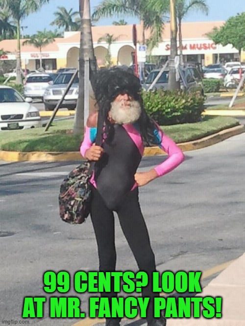 fabulous homeless | 99 CENTS? LOOK AT MR. FANCY PANTS! | image tagged in fabulous homeless | made w/ Imgflip meme maker