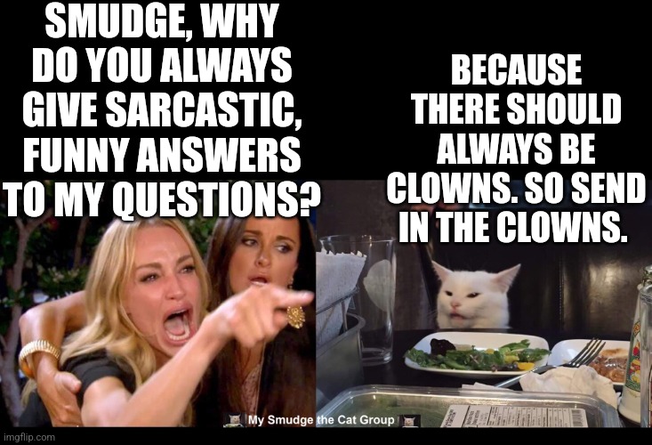  SMUDGE, WHY DO YOU ALWAYS GIVE SARCASTIC, FUNNY ANSWERS TO MY QUESTIONS? BECAUSE THERE SHOULD ALWAYS BE CLOWNS. SO SEND IN THE CLOWNS. | image tagged in smudge the cat | made w/ Imgflip meme maker