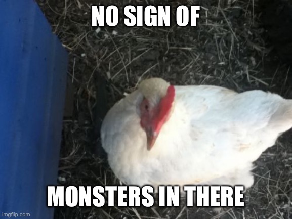 Angry Chicken Boss Meme | NO SIGN OF MONSTERS IN THERE | image tagged in memes,angry chicken boss | made w/ Imgflip meme maker