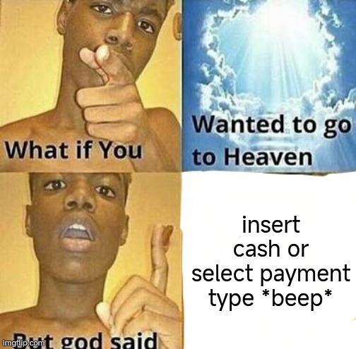 money | insert cash or select payment type *beep* | image tagged in what if you wanted to go to heaven | made w/ Imgflip meme maker