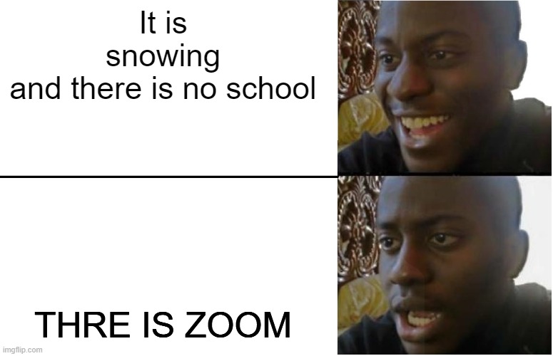 SNOW DAYS NOT FUN ANYMORE | It is snowing and there is no school; THRE IS ZOOM | image tagged in disappointed black guy | made w/ Imgflip meme maker