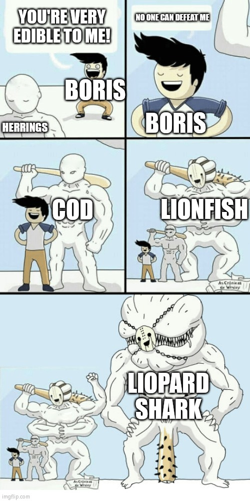 Feeding Frenzy 2 Chapter 1 Be Like: | YOU'RE VERY EDIBLE TO ME! NO ONE CAN DEFEAT ME; BORIS; BORIS; HERRINGS; LIONFISH; COD; LIOPARD SHARK | image tagged in goodbye high school | made w/ Imgflip meme maker