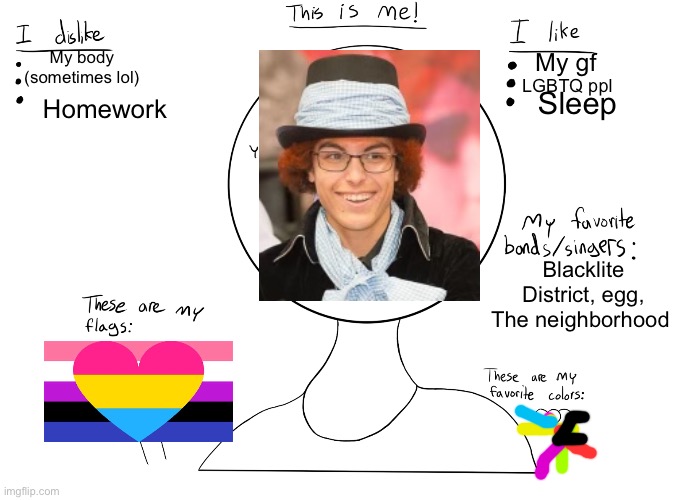 this is me! | My body (sometimes lol); My gf; LGBTQ ppl; Sleep; Homework; Blacklite District, egg, The neighborhood | image tagged in this is me | made w/ Imgflip meme maker