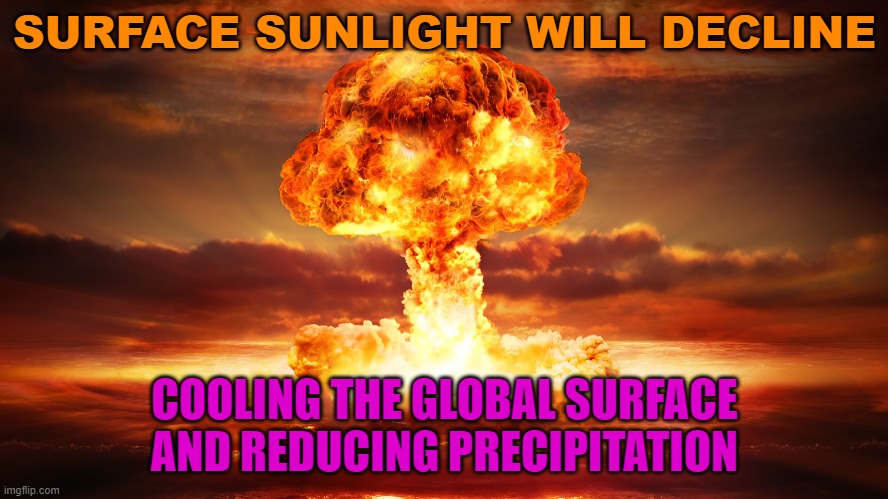 Surface sunlight will decline, cooling the global surface, and reducing precipitation |  SURFACE SUNLIGHT WILL DECLINE; COOLING THE GLOBAL SURFACE AND REDUCING PRECIPITATION | image tagged in nuclear war | made w/ Imgflip meme maker
