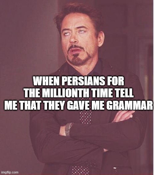 we gave you grammar | WHEN PERSIANS FOR THE MILLIONTH TIME TELL ME THAT THEY GAVE ME GRAMMAR | image tagged in memes,face you make robert downey jr,iran,persia,persians,arabic grammar | made w/ Imgflip meme maker