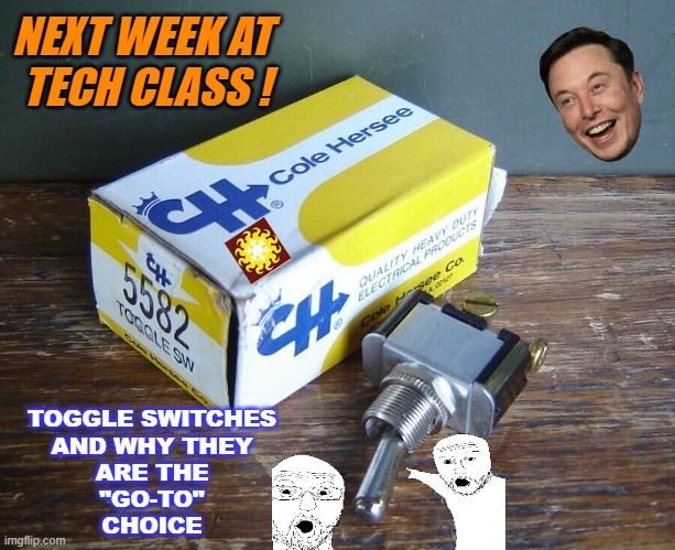 NEXT WEEK AT 
TECH CLASS ! TOGGLE SWITCHES
AND WHY THEY
ARE THE
"GO-TO"
CHOICE | made w/ Imgflip meme maker