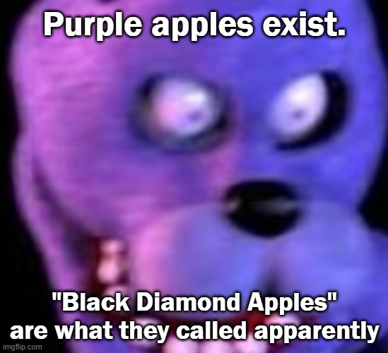 *Starts hyperventalaiting* | Purple apples exist. "Black Diamond Apples" are what they called apparently | made w/ Imgflip meme maker