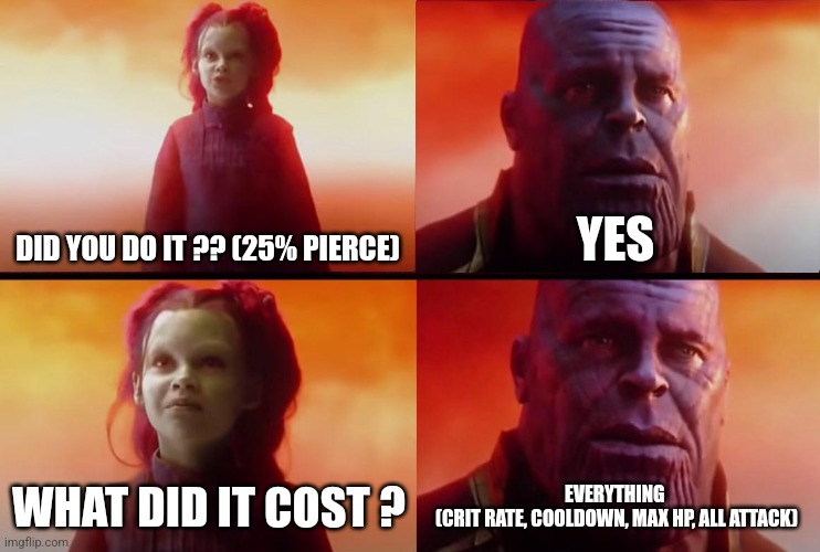 thanos what did it cost | DID YOU DO IT ?? (25% PIERCE); YES; WHAT DID IT COST ? EVERYTHING 
(CRIT RATE, COOLDOWN, MAX HP, ALL ATTACK) | image tagged in thanos what did it cost,future_fight | made w/ Imgflip meme maker