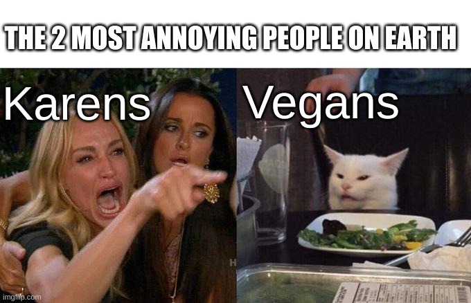 Woman Yelling At Cat | THE 2 MOST ANNOYING PEOPLE ON EARTH; Vegans; Karens | image tagged in memes,woman yelling at cat | made w/ Imgflip meme maker
