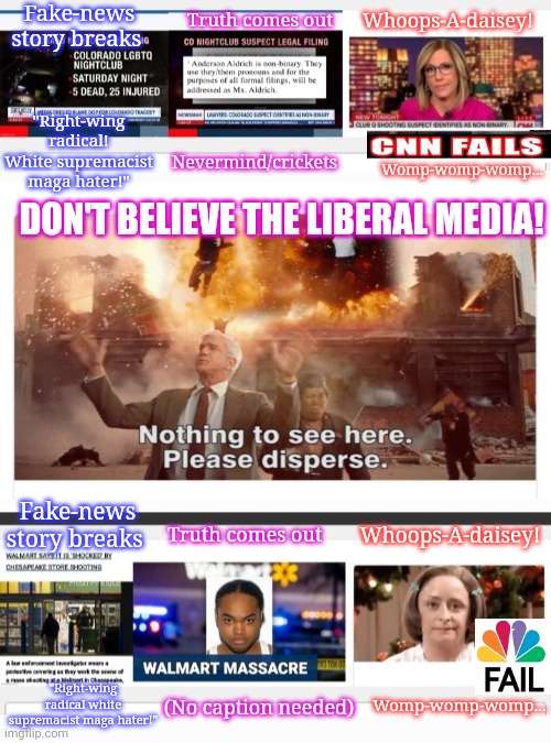 Fake News- How Many More Times? | Fake-news story breaks; Truth comes out; Whoops-A-daisey! Womp-womp-womp... "Right-wing radical! White supremacist maga hater!"; Nevermind/crickets; DON'T BELIEVE THE LIBERAL MEDIA! Fake-news story breaks; Whoops-A-daisey! Truth comes out; "Right-wing radical white supremacist maga hater!"; Womp-womp-womp... (No caption needed) | image tagged in no i dont think i will,believe,fake news,libtards,blow | made w/ Imgflip meme maker