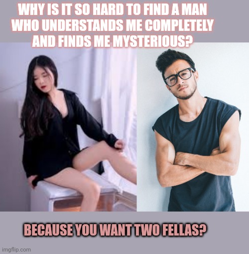 Why we can never find the perfect partner |  WHY IS IT SO HARD TO FIND A MAN
WHO UNDERSTANDS ME COMPLETELY
AND FINDS ME MYSTERIOUS? BECAUSE YOU WANT TWO FELLAS? | image tagged in relationships,confusing,perfection,searching,think about it | made w/ Imgflip meme maker