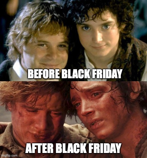 Black Friday | BEFORE BLACK FRIDAY; AFTER BLACK FRIDAY | image tagged in sam and frodo before and after mt doom,lotr | made w/ Imgflip meme maker