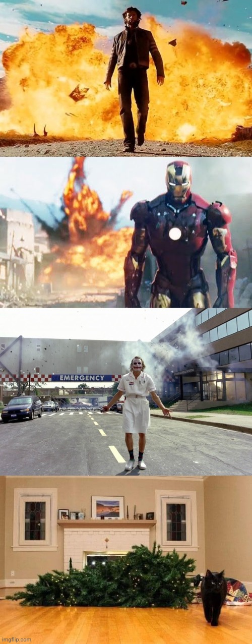 iron man walking away from explosion