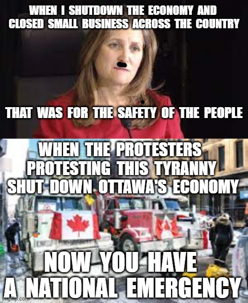  WHEN  I  SHUTDOWN  THE  ECONOMY  AND  CLOSED  SMALL  BUSINESS  ACROSS  THE  COUNTRY; THAT  WAS  FOR  THE  SAFETY  OF  THE  PEOPLE; WHEN  THE  PROTESTERS  PROTESTING  THIS  TYRANNY  SHUT  DOWN  OTTAWA'S  ECONOMY; NOW  YOU  HAVE  A  NATIONAL  EMERGENCY | image tagged in canadian truckers convoy,freedom convoy,chrystia freeland,canadian government,emergency act | made w/ Imgflip meme maker