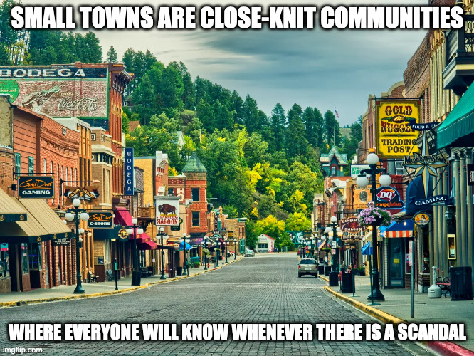Small Town | SMALL TOWNS ARE CLOSE-KNIT COMMUNITIES; WHERE EVERYONE WILL KNOW WHENEVER THERE IS A SCANDAL | image tagged in town,memes | made w/ Imgflip meme maker
