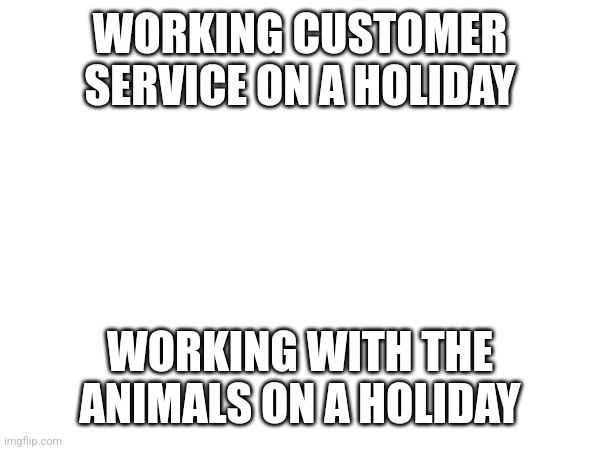 Animal welfare | WORKING CUSTOMER SERVICE ON A HOLIDAY; WORKING WITH THE ANIMALS ON A HOLIDAY | image tagged in animal rescue | made w/ Imgflip meme maker