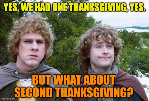 Leftover Turkeys |  YES, WE HAD ONE THANKSGIVING, YES. BUT WHAT ABOUT SECOND THANKSGIVING? | image tagged in second breakfast,second,thanksgiving,lord of the rings,hobbit,turkeys | made w/ Imgflip meme maker
